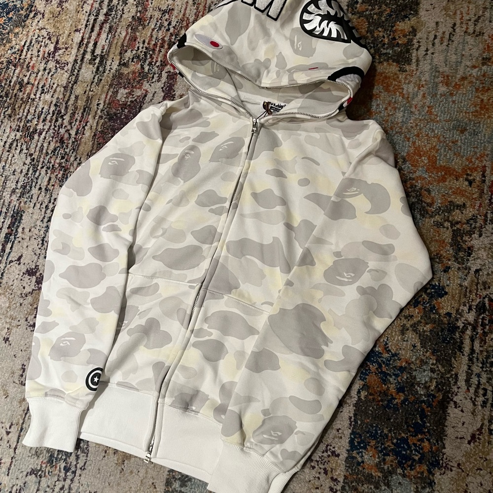 Bape White and Cream Camo Zip Up Sweater